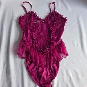 Vintage Fuchsia Pink Lace Ruffle Bodysuit Lingerie Peplum Mesh Trim‎ Pink